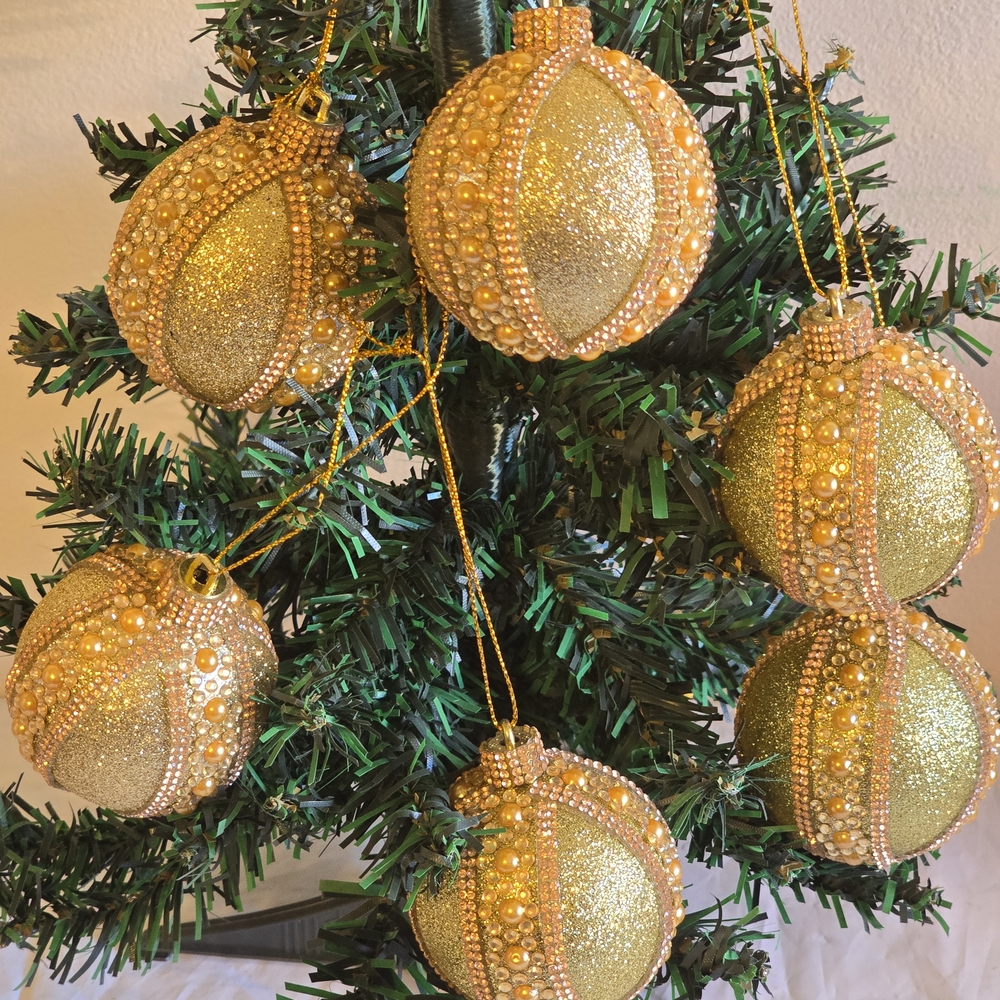 Elegant Gold  Beaded Holiday Ornaments 6 Piece 2.5 Inch Handmade New